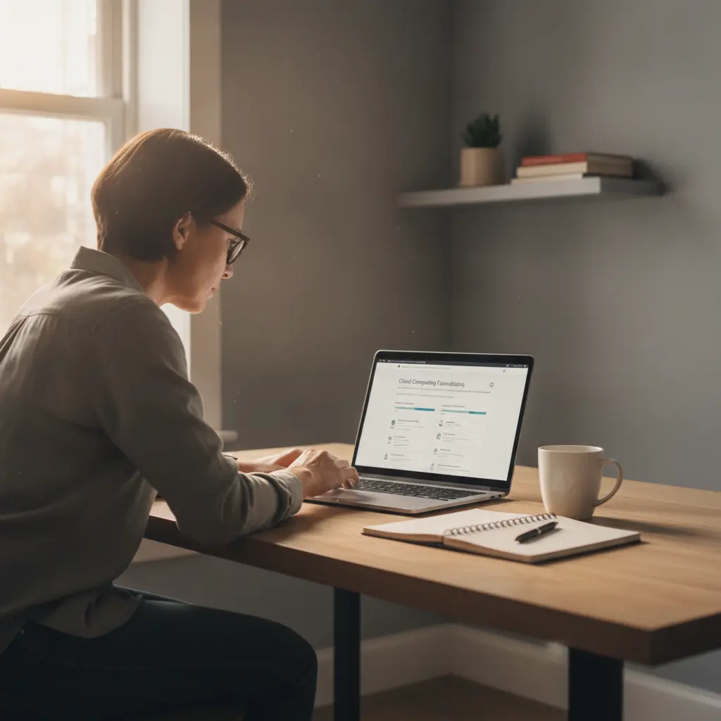 An individual IT professional studying a Boost eLearning certification course on a laptop